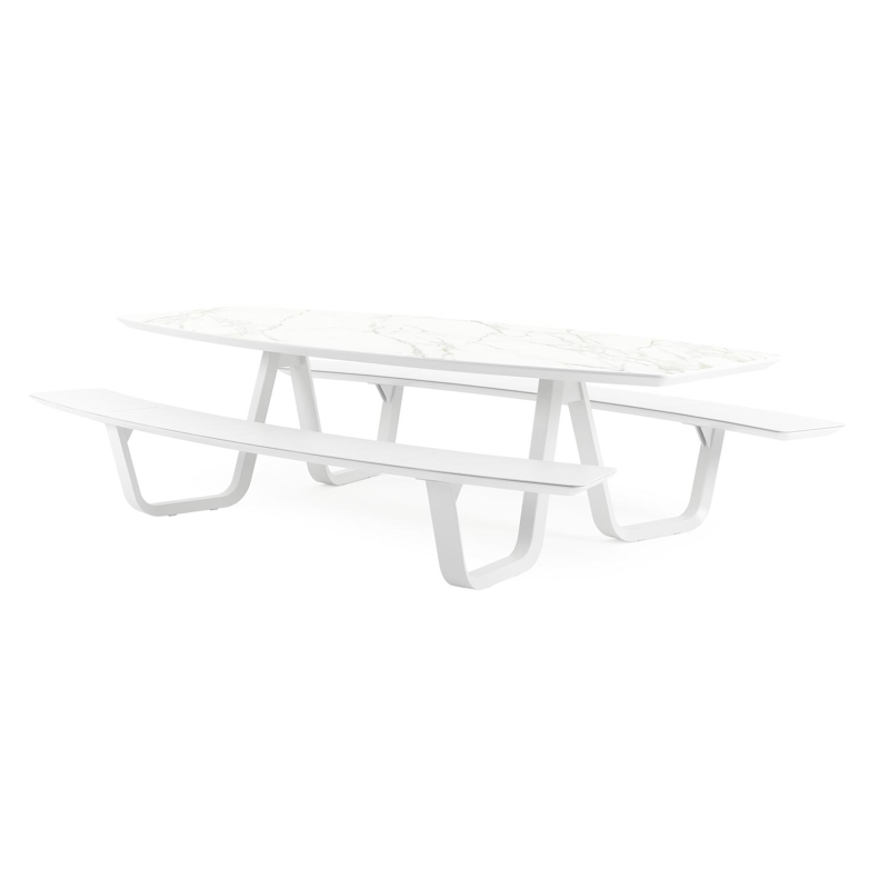 Forno picknicktafel bootvorm in wit aluminium en volkeramiek calacatta tafelblad - L 280 x B 192 x H 72 cm