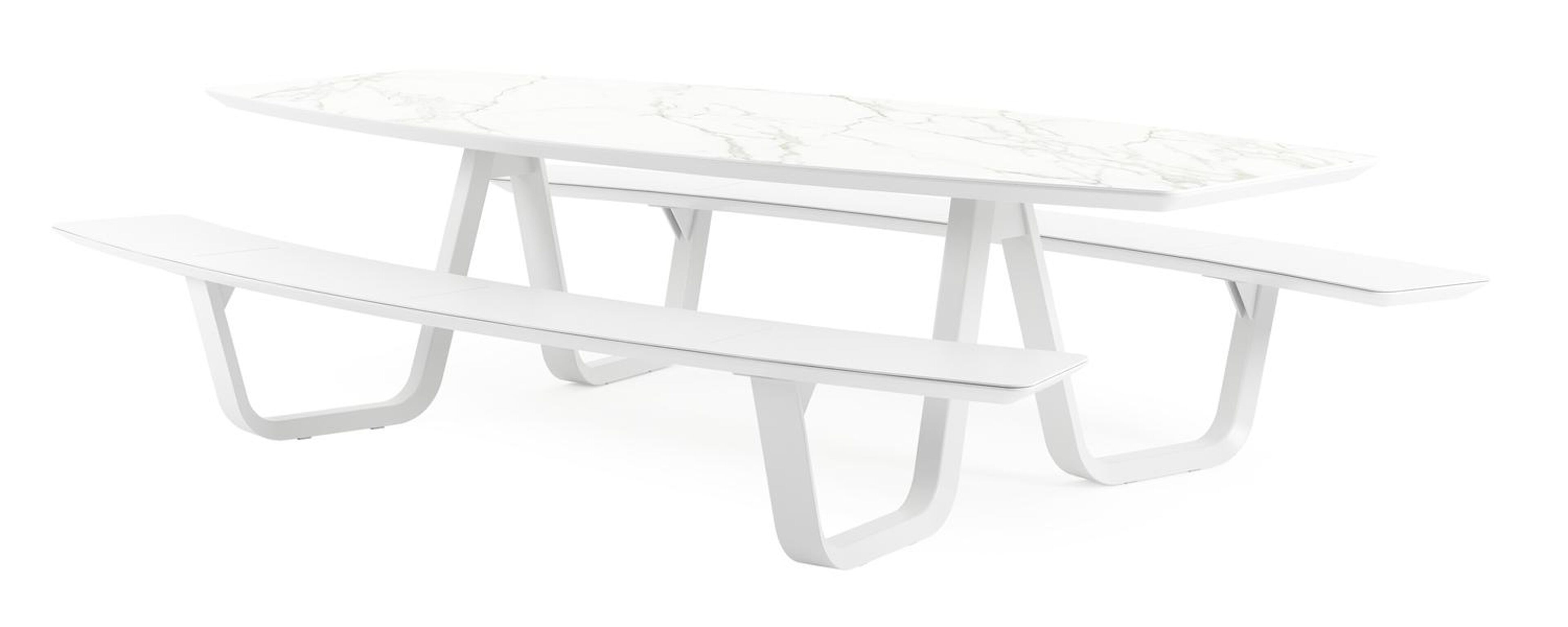 Forno picknicktafel bootvorm in wit aluminium en volkeramiek calacatta tafelblad - L 280 x B 192 x H 72 cm
