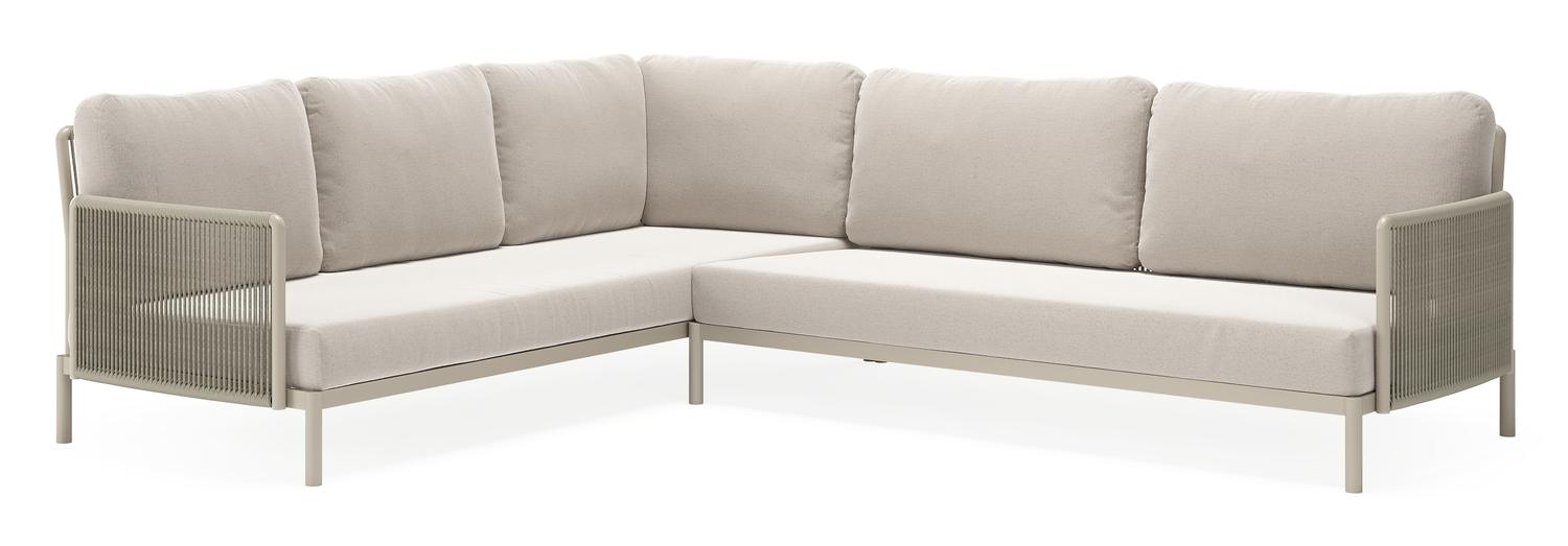 Amarante loungehoek in beige aluminium en beige verticaal geweven ronde rope met beige weather+ softtouch kussens