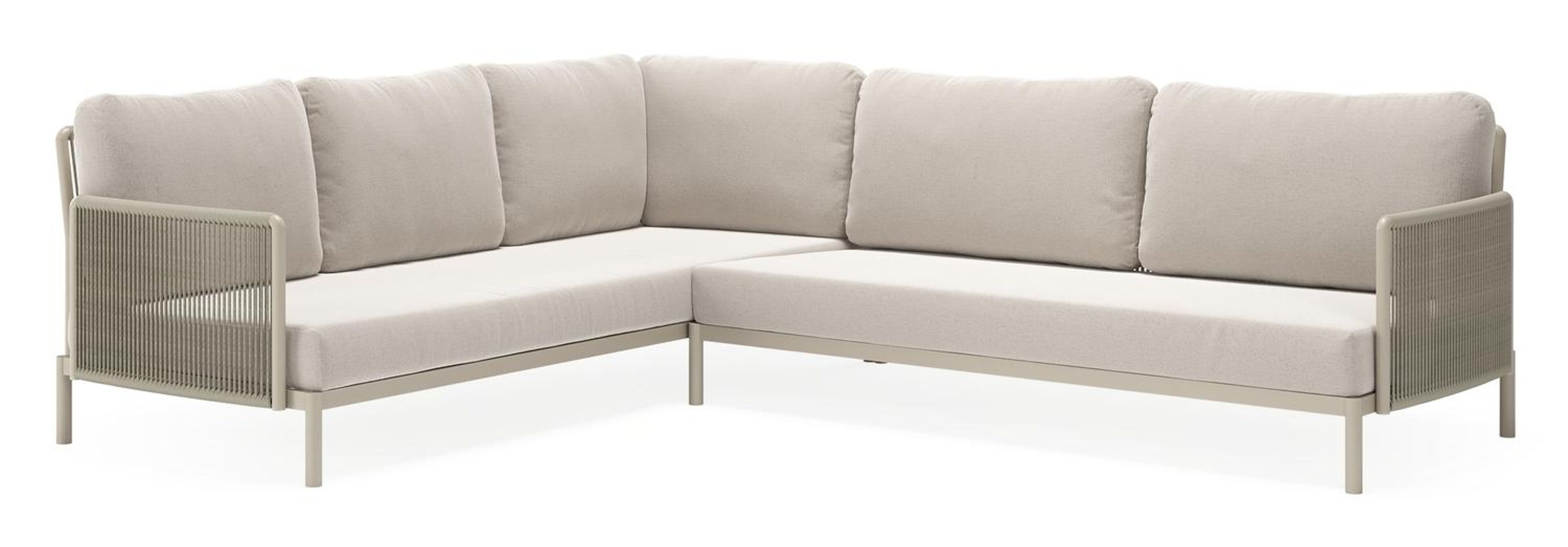 Salon de jardin d'angle Amarante en aluminium beige et corde ronde tissée verticalement beige et coussins en weather+ softtouch beige