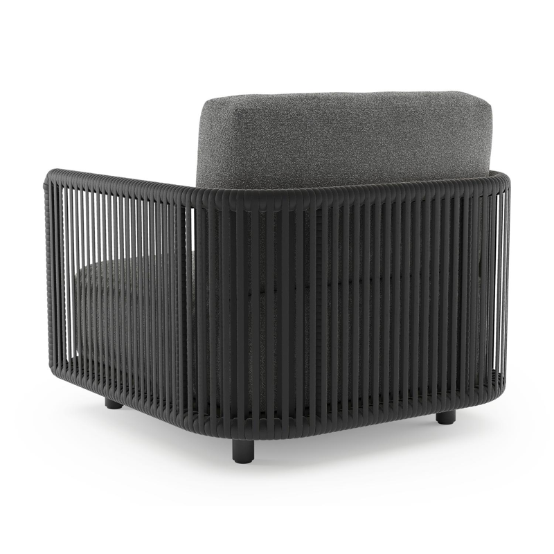 Organo loungestoel in zwart aluminium en zwart verticaal geweven luxe vlakke rope met catania black all weather Cosytica kussen