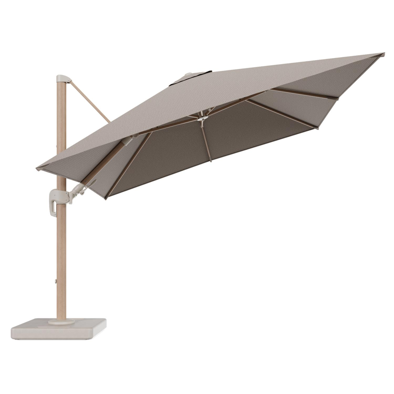 Rufina zweefparasol tiltfunctie in houtlook aluminium en parasoldoek in All Weather Solica Firenze Earth - L1 300 x L2 300 cm met parasolvoet Lapido 160 kg