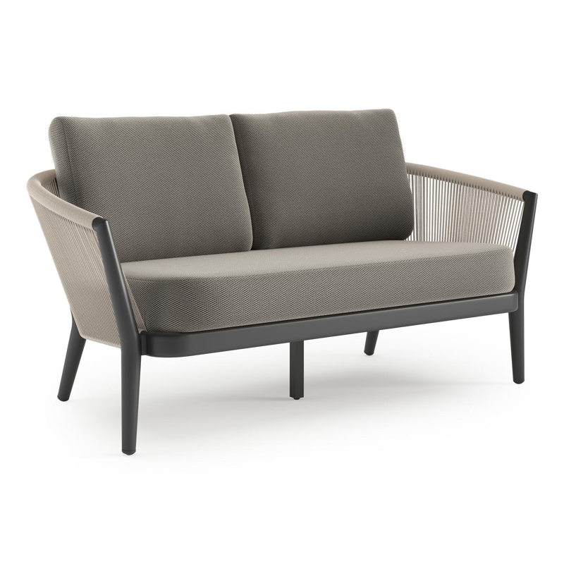 Orso loungebank in zwart aluminium en beige verticaal geweven ronde rope met Lopi Charcoal all weather sunbrella® luxe kussen