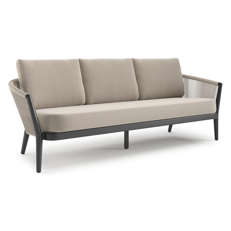 Canapé de jardin Orso en aluminium noir en corde ronde tissée verticalement beige et coussins en all weather sunbrella® luxe Lopi Fossil