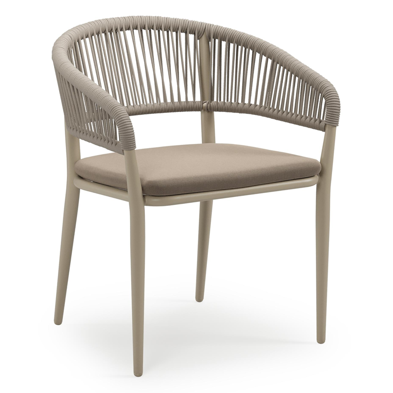 Tolfa stapelbare tuinstoel in beige aluminium en beige verticaal geweven ronde rope met stoelkussen in All Weather Sunbrella® Luxe Natte Heather Grey