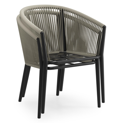 Orso tuinstoel in zwart aluminium en beige verticaal geweven ronde rope met kussen in natte charcoal chine all weather sunbrella® luxe