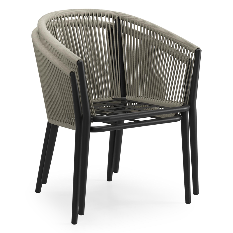 Orso tuinstoel in zwart aluminium en beige verticaal geweven ronde rope met zitkussen in All Weather Cosytica Marbella Ecru