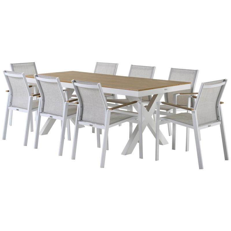 Bahia tuinset in wit aluminium en polywood tafelblad met 8 stapelbare Bahia tuinstoelen