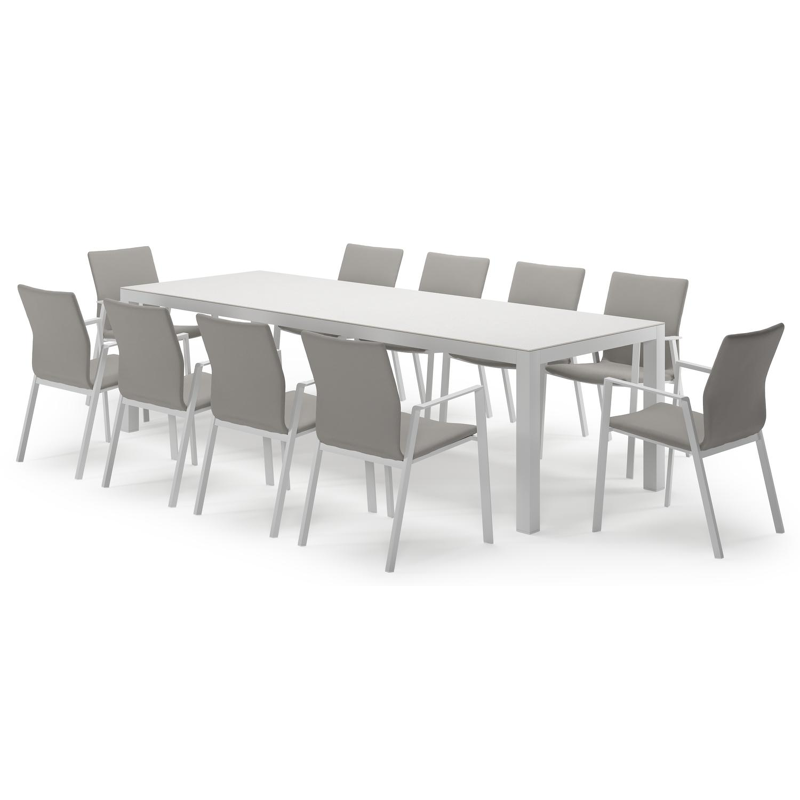 Varese rechthoekige tuinset in wit aluminium en sintered stone topo minerale met 10 Madura tuinstoelen