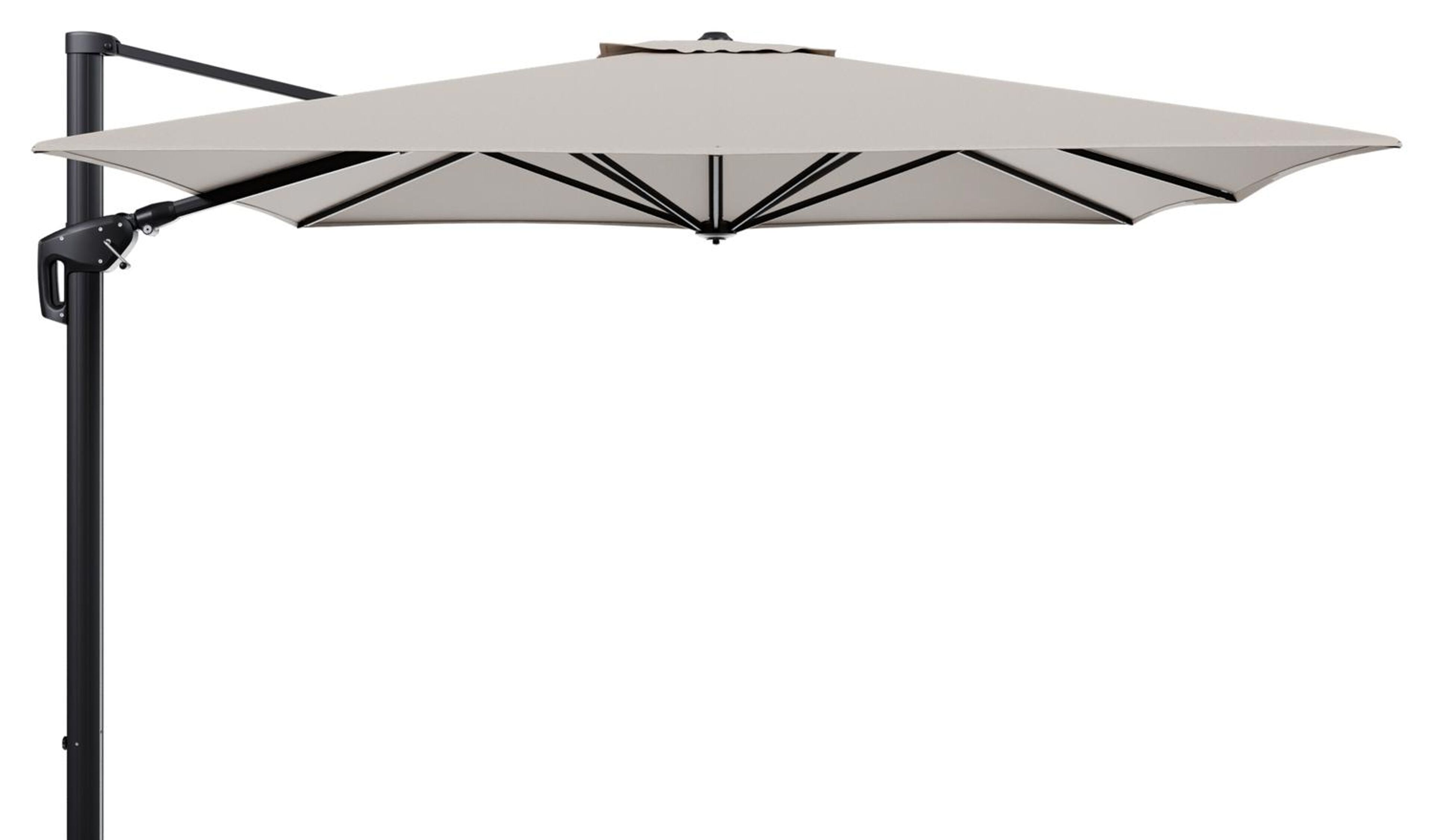 Minore zweefparasol tiltfunctie in zwart aluminium en parasoldoek in All Weather Sunbrella® Luxe Heritage Ash - L1 350 x L2: 350 cm (zonder voet)