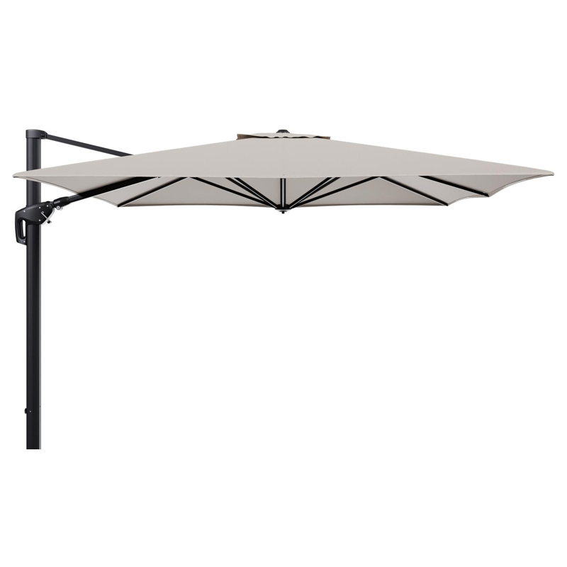 Minore zweefparasol tiltfunctie in zwart aluminium en parasoldoek in All Weather Sunbrella® Luxe Heritage Ash - L1 350 x L2: 350 cm (zonder voet)