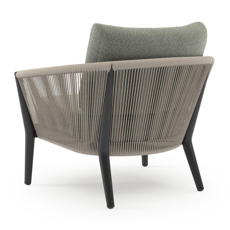 Orso loungestoel in zwart aluminium en beige verticaal geweven ronde rope met Savane Leaf all weather sunbrella® luxe kussen