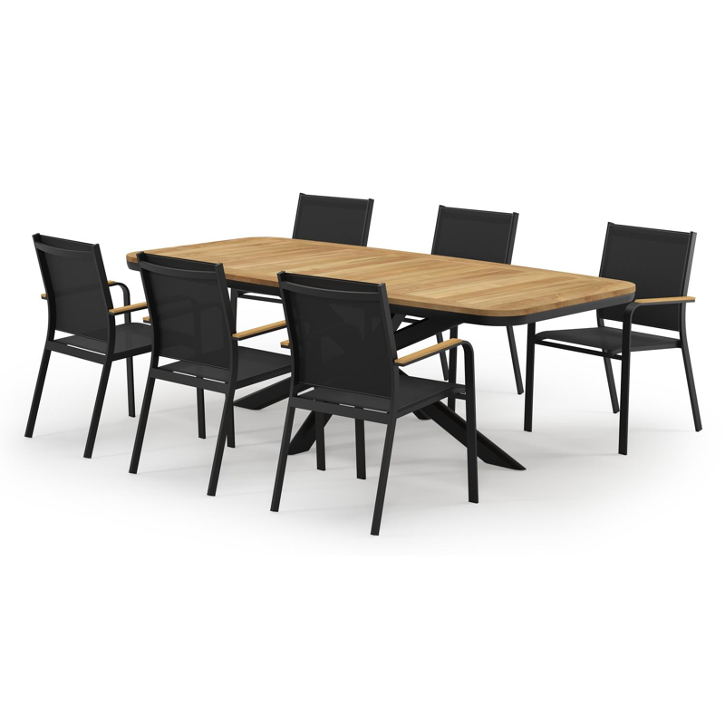 Pamplona bootvormige tuinset in zwart aluminium en teak natural finish met 6 Amalfi tuinstoelen