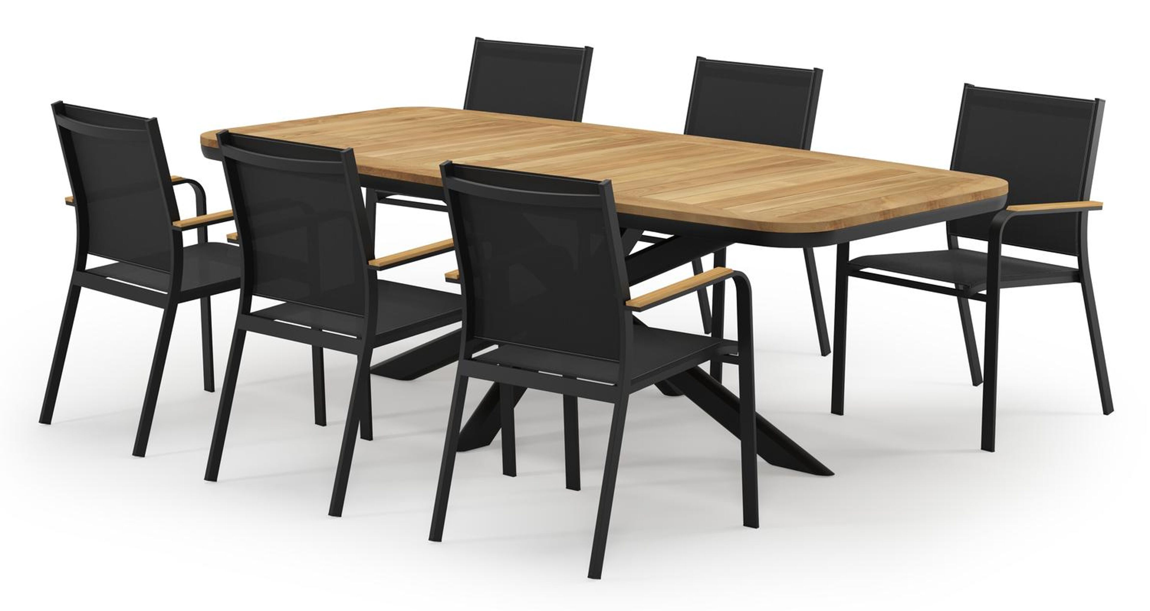 Pamplona ensemble de jardin forme de bateau en aluminium noir en teck natural finish avec 6 chaises de jardin Amalfi