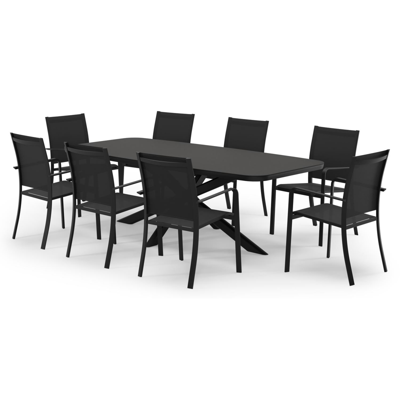 Pamplona bootvormige tuinset in zwart aluminium en sintered stone notte minerale met 8 Calobra tuinstoelen