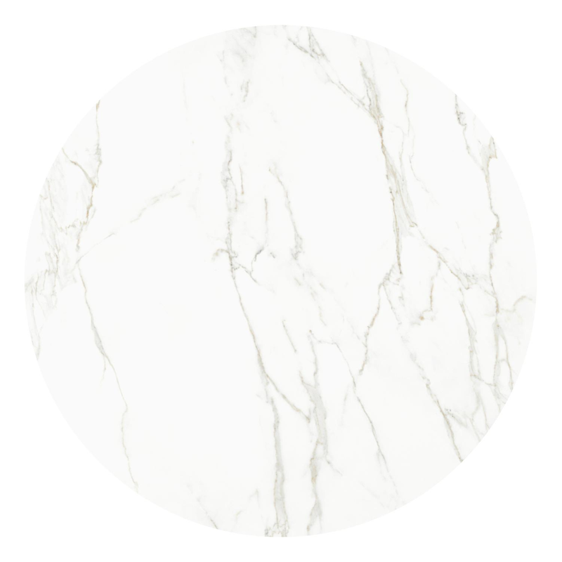Amico low dining tuintafel rond in wit aluminium en volkeramiek Calacatta - Dia. 148 x H 61 cm