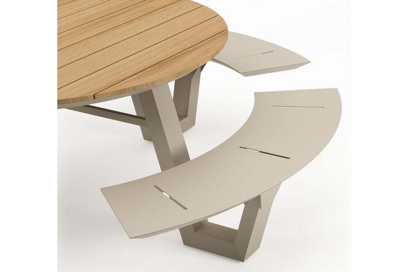 Rondino picknicktafel in beige aluminium en teak - Dia. 236 x H 71,5 cm