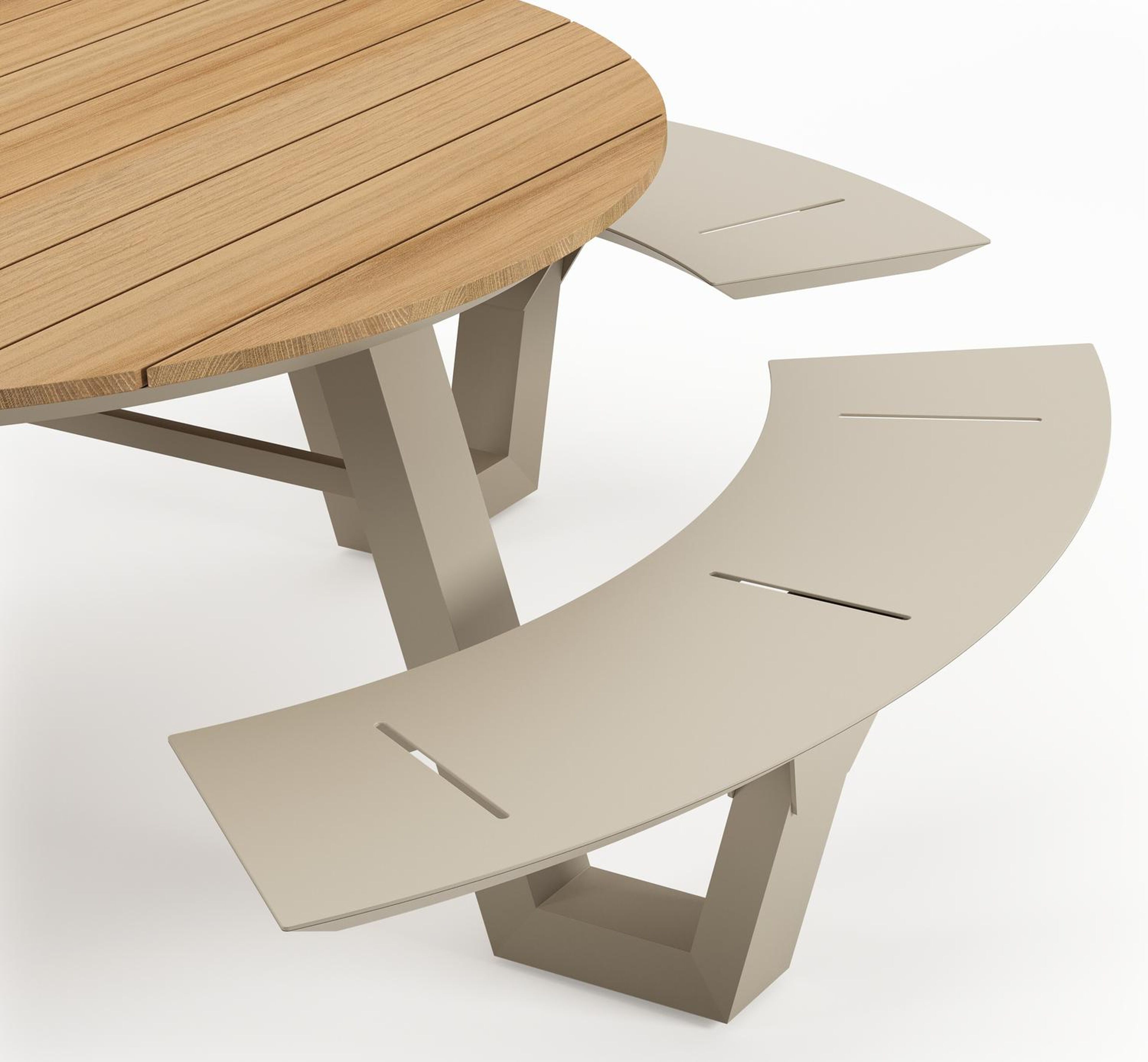 Table de pique-nique Rondino en aluminium beige et teck - Diam. 236 x Haut. 71,5 cm