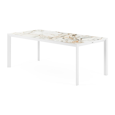 Table de jardin Malito en aluminium blanc et céramique pleine calacatta luxe - Lg 200 x Larg. 100 x H 75,5 cm