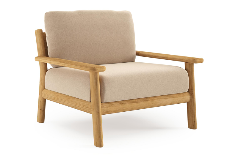 Amaro loungestoel in teak met natte heather beige all weather sunbrella® luxe kussen