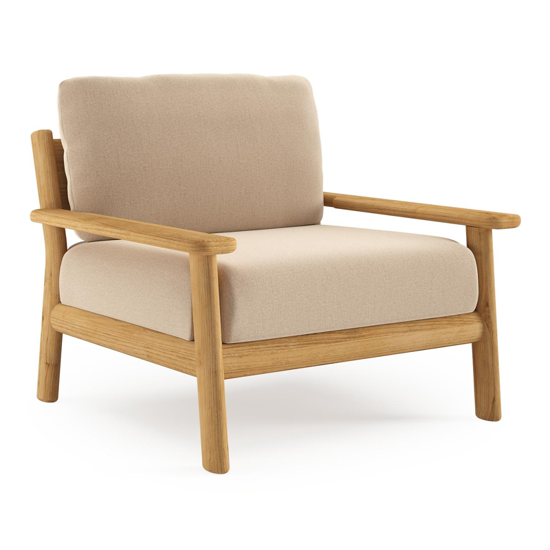 Amaro loungestoel in teak met natte heather beige all weather sunbrella® luxe kussen
