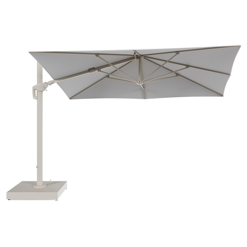 Minore zweefparasol met tiltfunctie in beige aluminium en Ego Birch All Weather Solica parasoldoek - L1 280 x L2 370 cm met parasolvoet Minore 260 kg met wielen