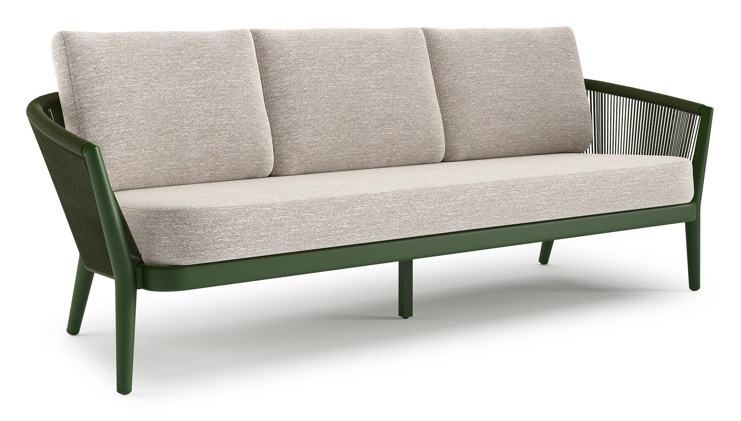 Orso loungebank in groen aluminium en groen verticaal geweven ronde rope met Tundra Sand all weather sunbrella® luxe kussen