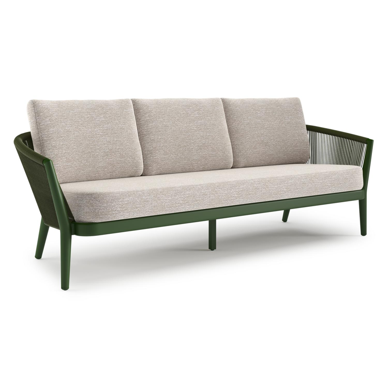 Orso loungebank in groen aluminium en groen verticaal geweven ronde rope met Tundra Sand all weather sunbrella® luxe kussen