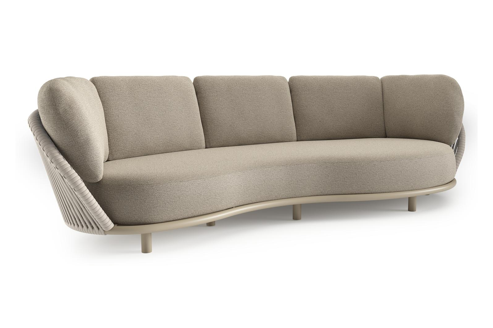 Lupino loungebank in beige aluminium en beige verticaal geweven luxe vlakke brede rope met catania beige all weather cosytica kussen