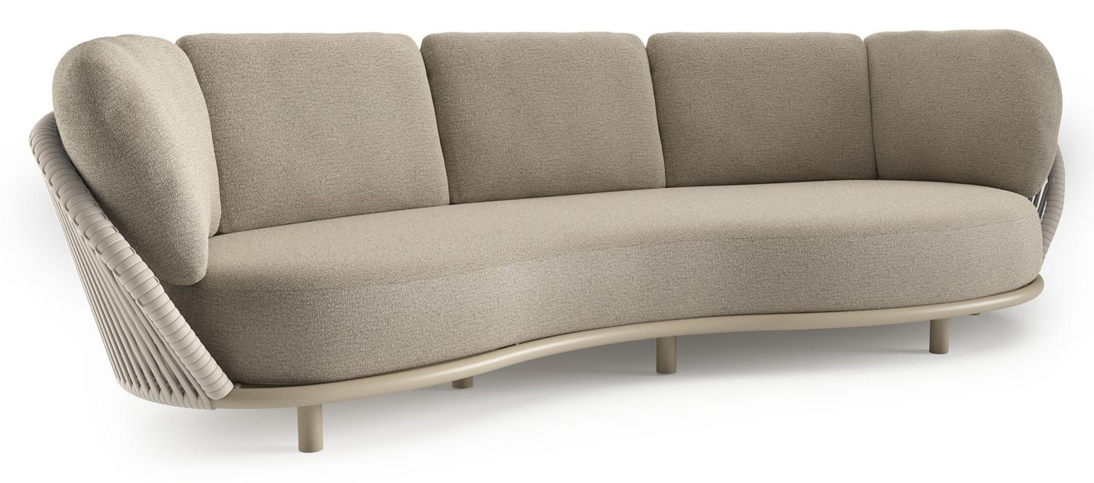 Canapé de jardin Lupino en aluminium beige et corde large plate de luxe tissée verticalement beige et coussins en all weather cosytica catania beige