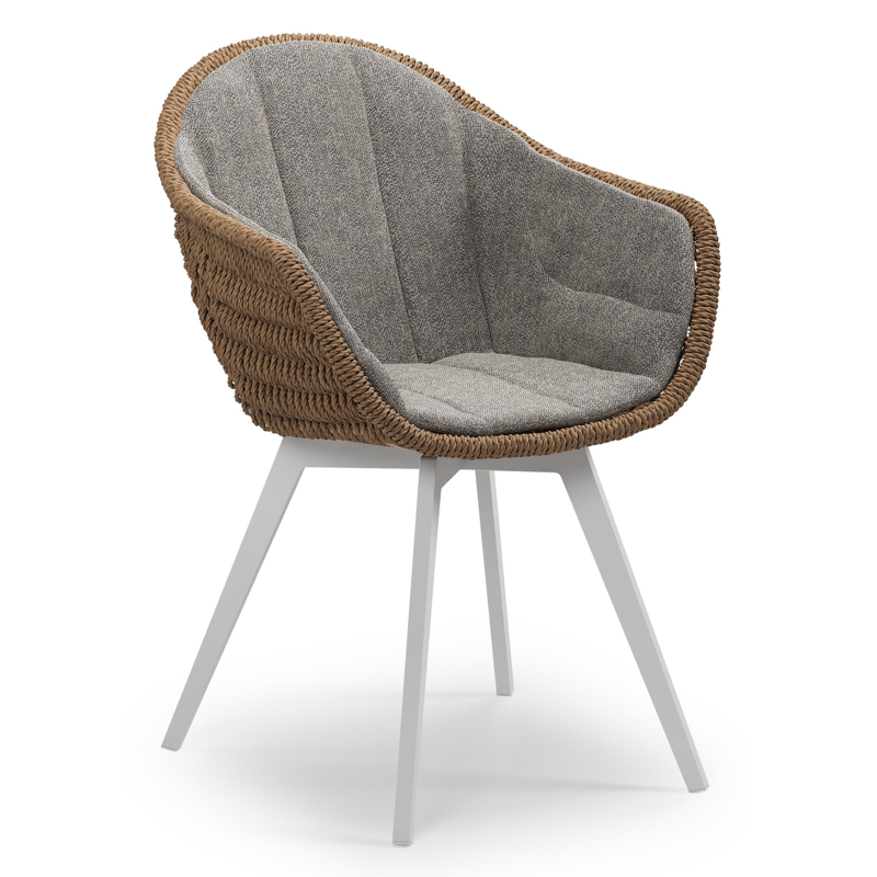 Pagino tuinstoel in wit aluminium en bruin ronde wicker met zitkussen in All Weather Sunbrella® Luxe Chartres Drizzle