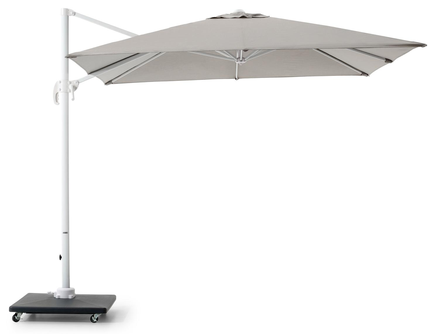 Calpe zweefparasol in wit aluminium en grijs Weather+ Softtouch parasoldoek - L1 270 x L2 270 cm met Calpe parasolvoet 70 kg