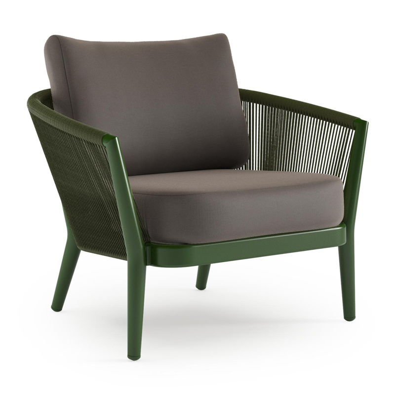 Orso loungestoel in groen aluminium en groen verticaal geweven ronde rope met Natte Nature Grey all weather sunbrella® luxe kussen