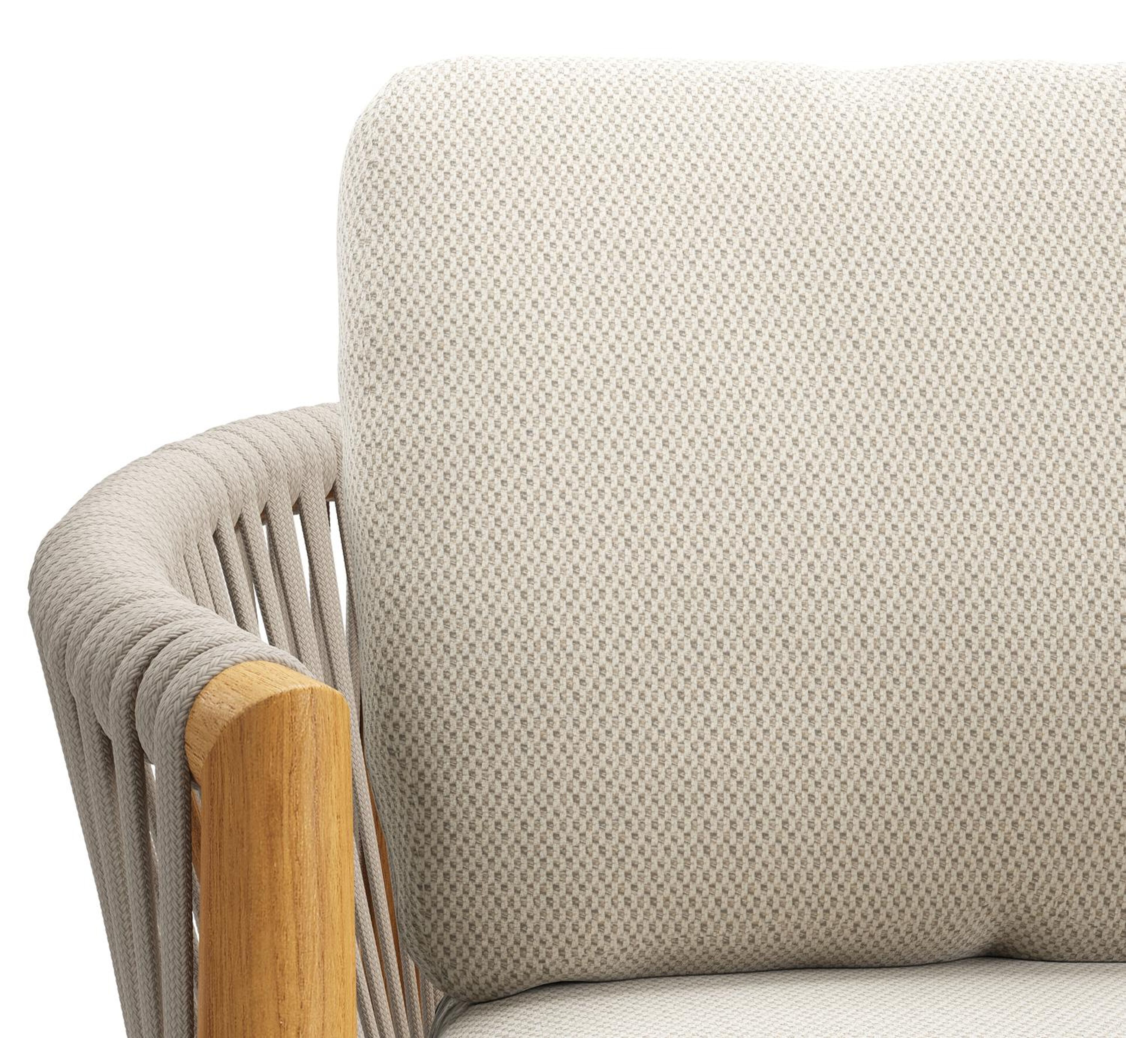 Chaise de jardin Organo en teck beige et corde luxe plate beige tissée verticalement avec coussin en marbre All Weather Sunbrella® Luxe Lopi