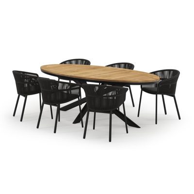 Pamplona ovale tuinset in zwart aluminium en teak natural finish met 6 Matera tuinstoelen