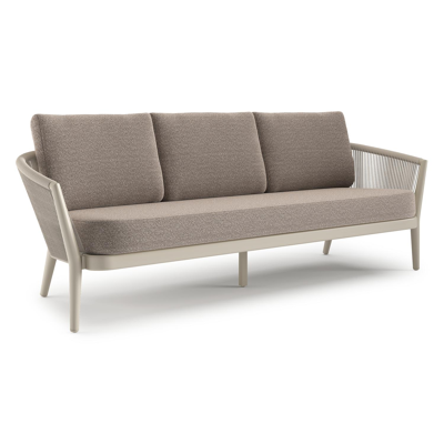 Canapé de jardin Orso en aluminium beige en corde ronde tissée verticalement beige et coussins en all weather sunbrella® luxe Wander Manioc