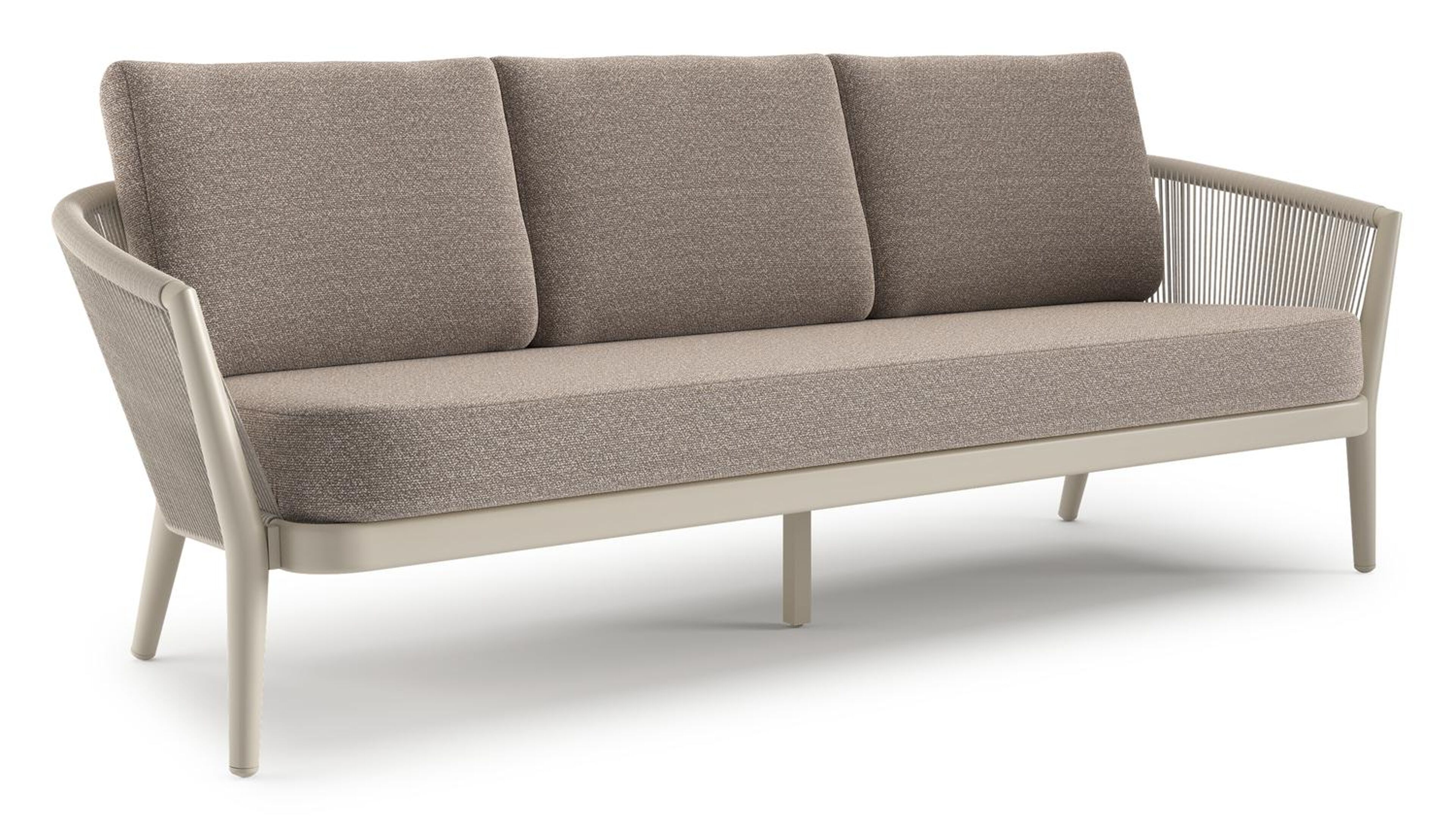 Orso loungebank in beige aluminium en beige verticaal geweven ronde rope met Wander Manioc all weather sunbrella® luxe kussen