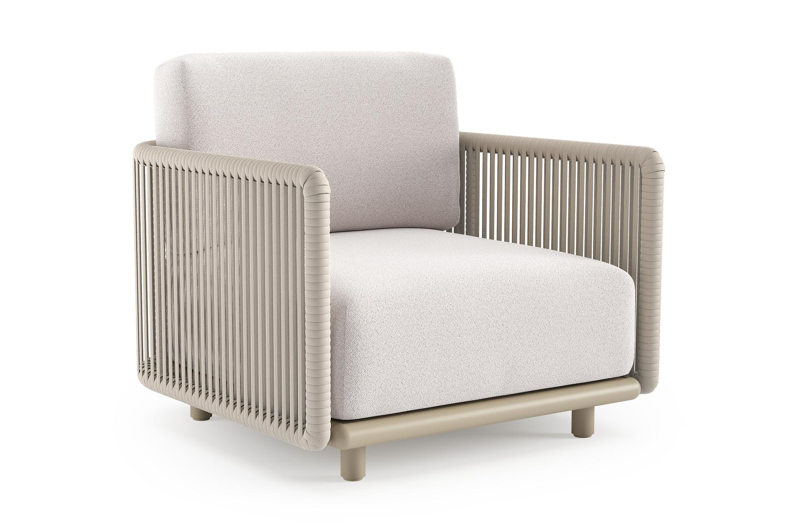 Organo loungestoel in beige aluminium en beige verticaal geweven luxe vlakke rope met ego eggshell all weather Solica kussen