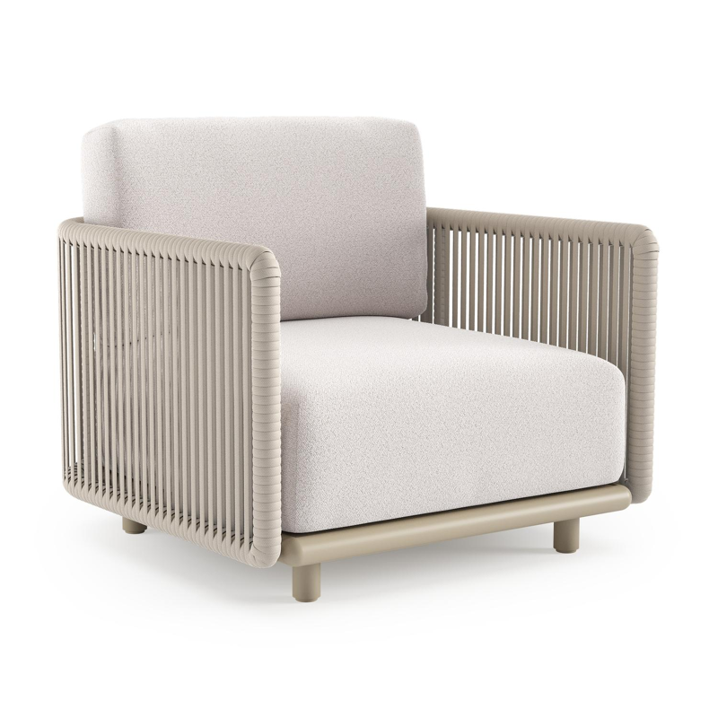 Organo loungestoel in beige aluminium en beige verticaal geweven luxe vlakke rope met ego eggshell all weather Solica kussen