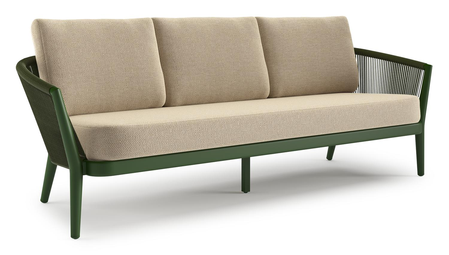 Orso loungebank in groen aluminium en groen verticaal geweven ronde rope met Althea Camel all weather cosytica kussen