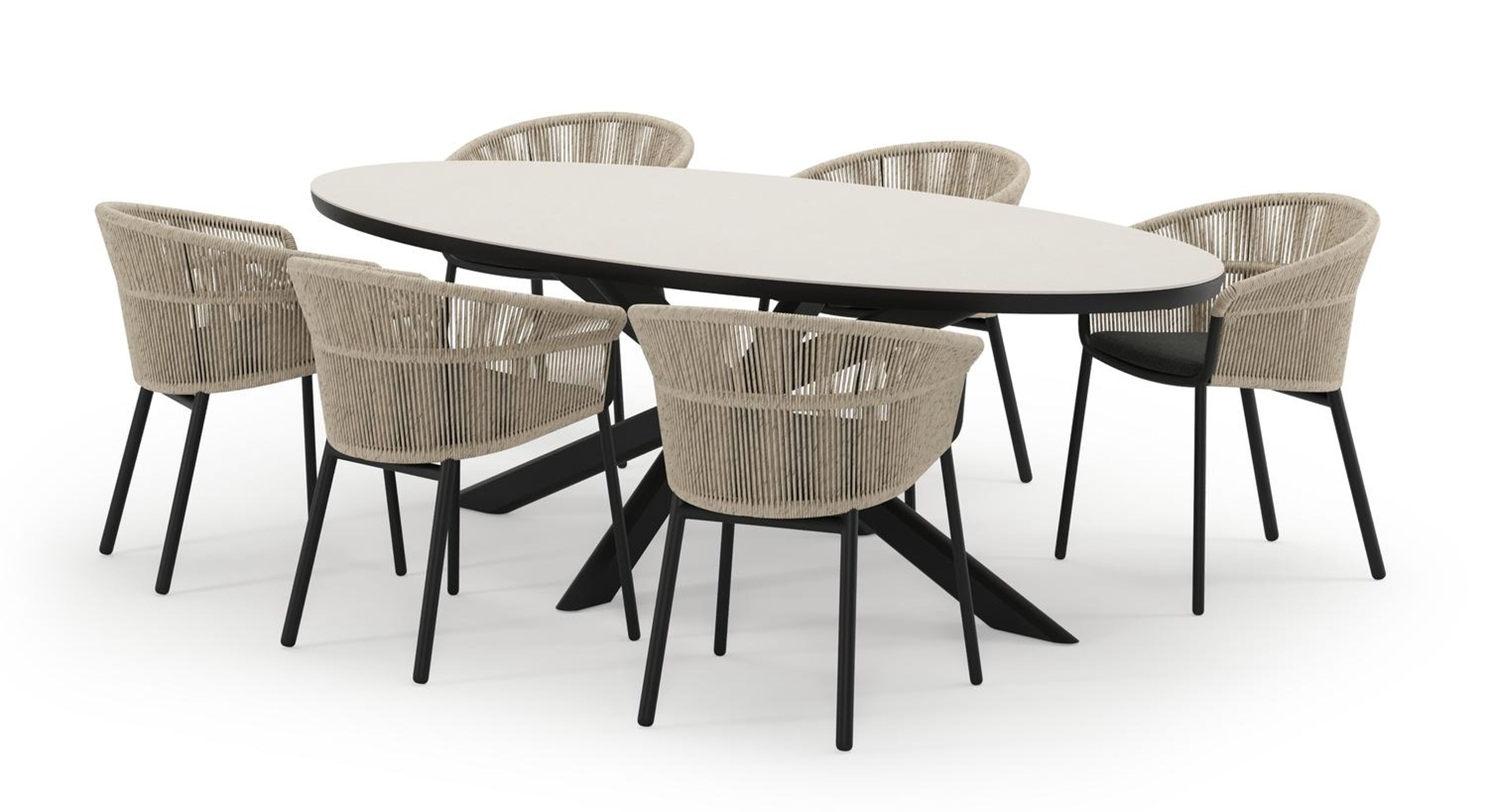 Pamplona ovale tuinset in zwart aluminium en sintered stone crema minerale met 6 Matera tuinstoelen