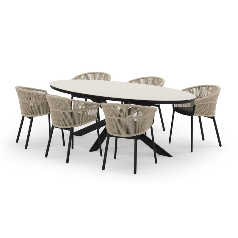Pamplona ovale tuinset in zwart aluminium en sintered stone crema minerale met 6 Matera tuinstoelen