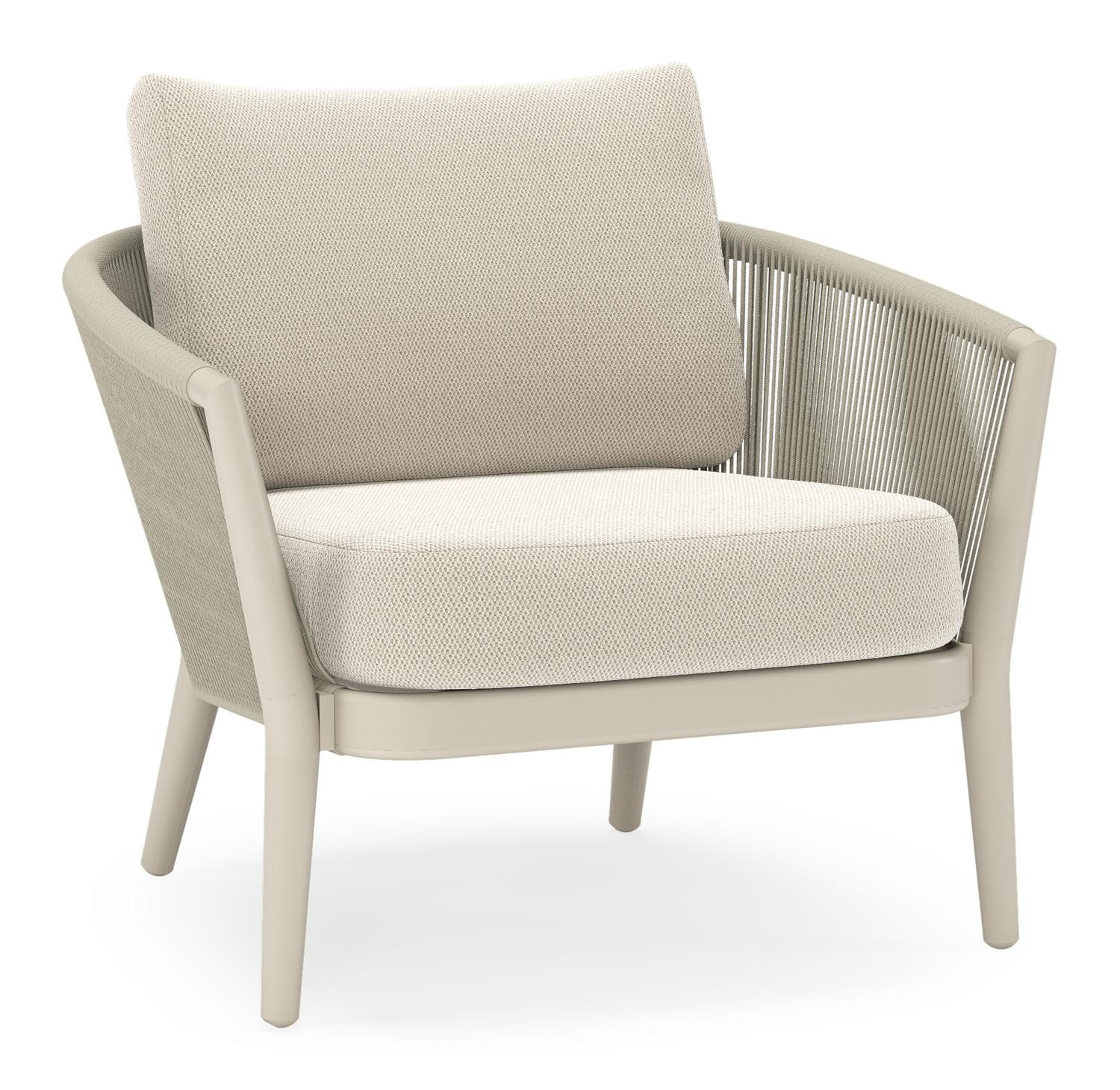 Fauteuil de jardin Orso en aluminium beige en corde ronde tissée verticalement beige et coussins en all weather sunbrella® luxe Lopi Marble
