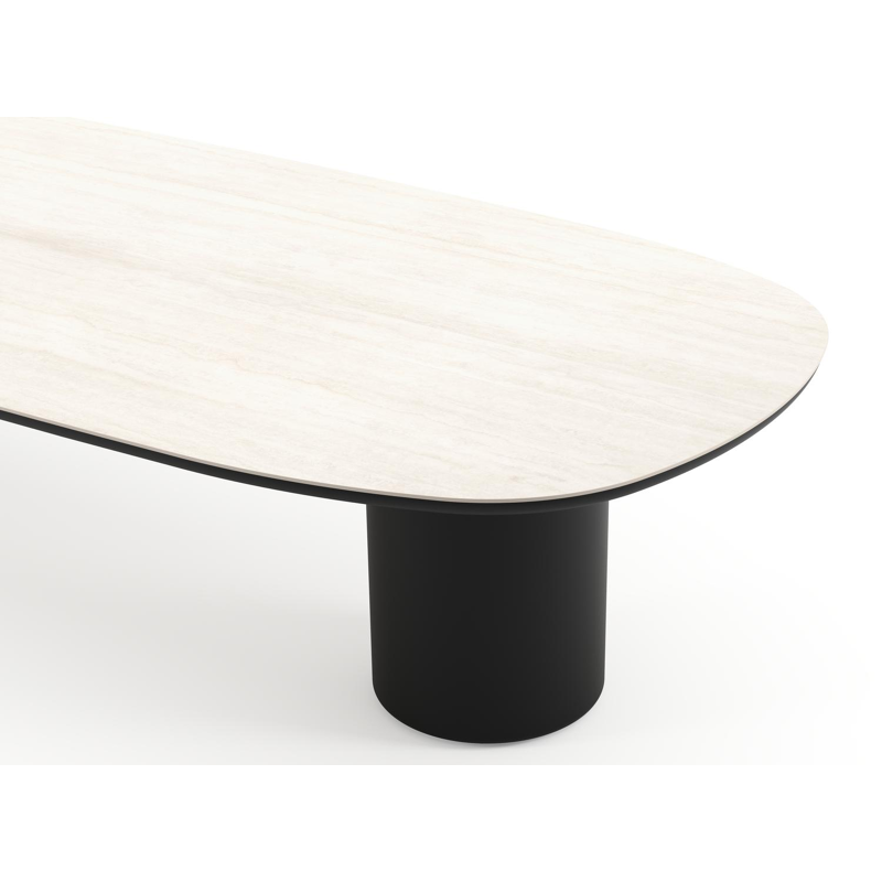 Amico low dining tuintafel bombo in zwart aluminium en volkeramiek Travertino Bianco - L 320 x B 130 x H 61 cm