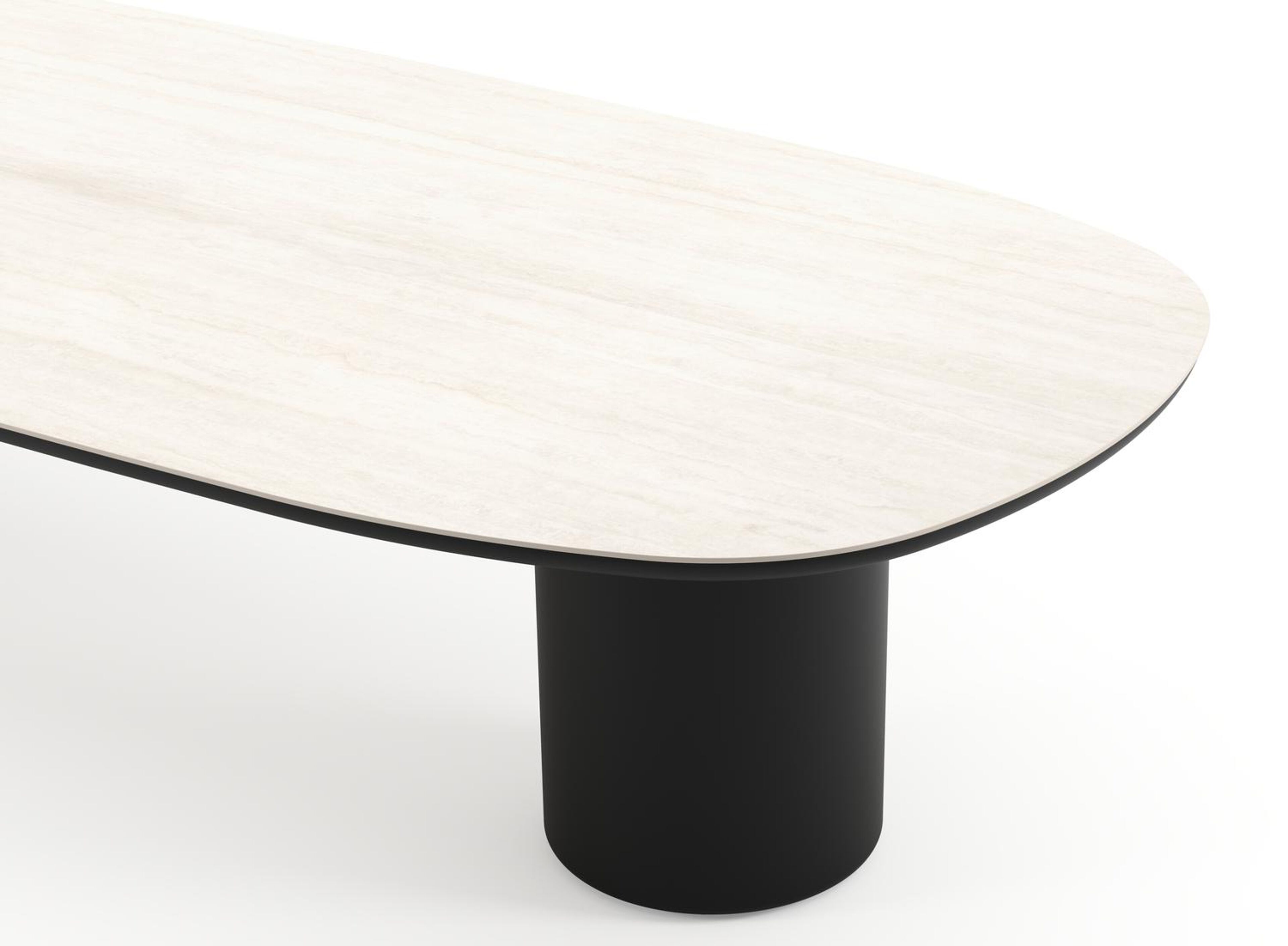 Table de jardin low dining Amico bombo en aluminium noir et céramique pleine Travertino Bianco - Lg. 320 x Lrg. 130 x Haut. 61 cm