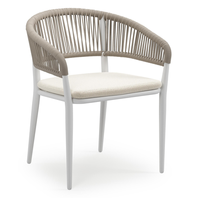 Tolfa stapelbare tuinstoel in wit aluminium en beige verticaal geweven ronde rope met stoelkussen in All Weather Cosytica Althea Off White