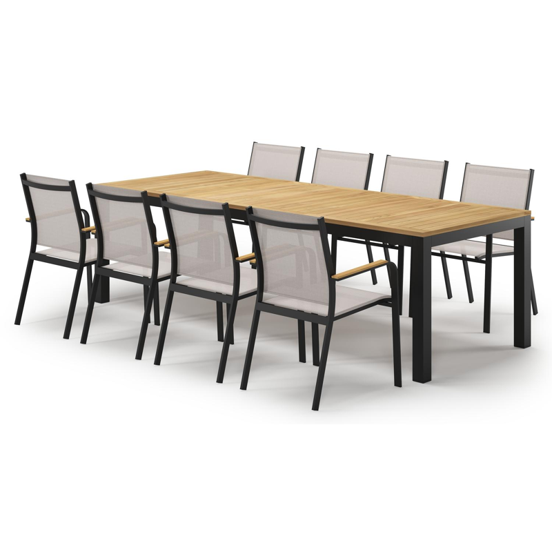 Varese tuinset in zwart aluminium en teak met 8 Amalfi tuinstoelen