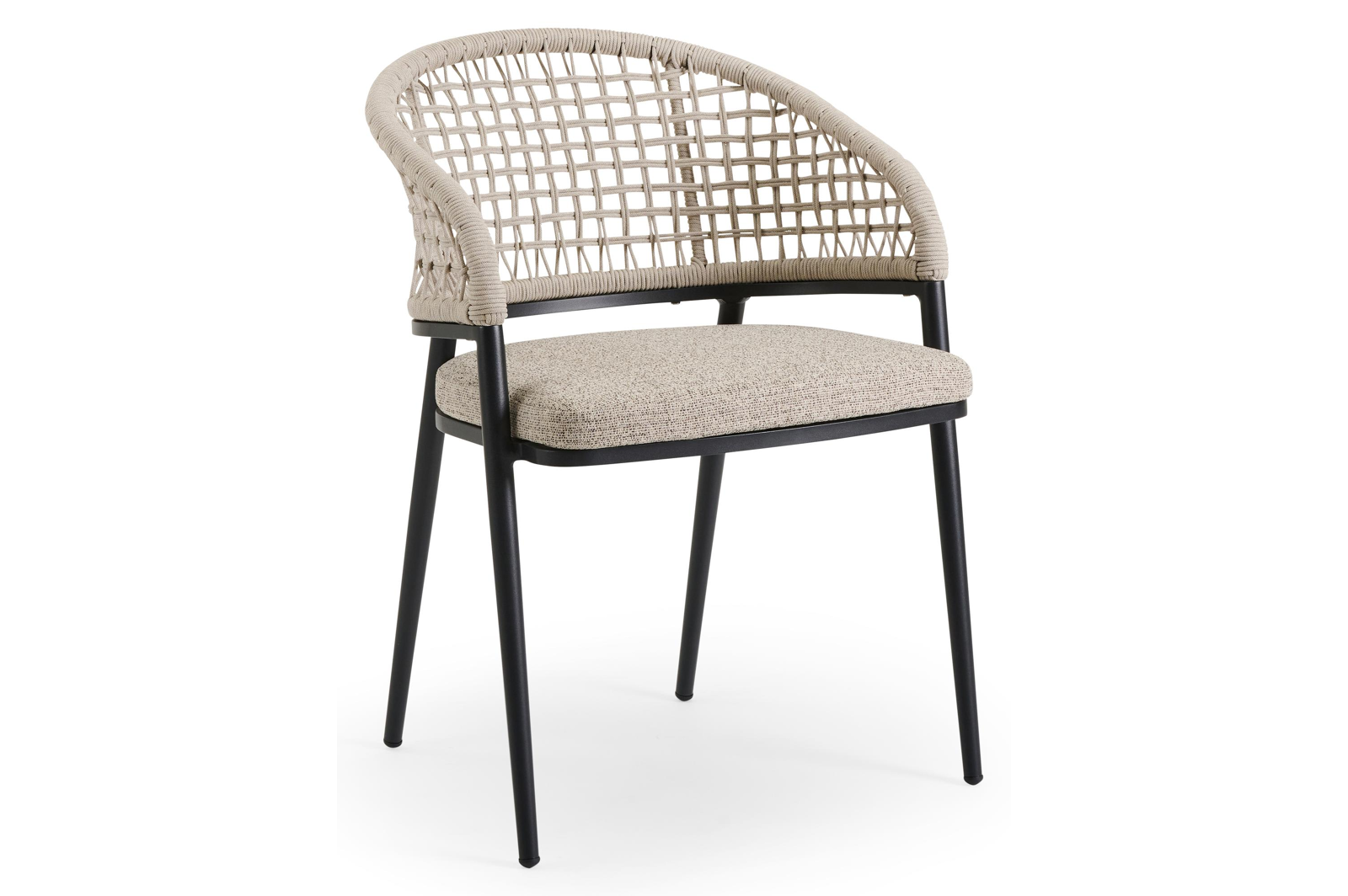 Lacrima tuinstoel in zwart aluminium en beige vierkant geweven rope met kussen in catania beige All Weather Cosytica