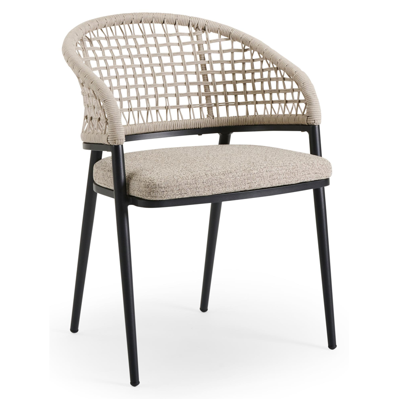 Lacrima tuinstoel in zwart aluminium en beige vierkant geweven rope met kussen in catania beige All Weather Cosytica