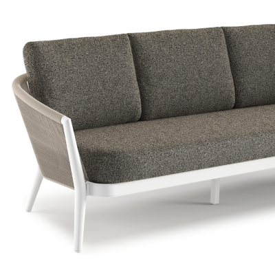 Canapé de jardin Orso en aluminium blanc en corde ronde tissée verticalement beige et coussins en all weather cosytica Marbella Tunder